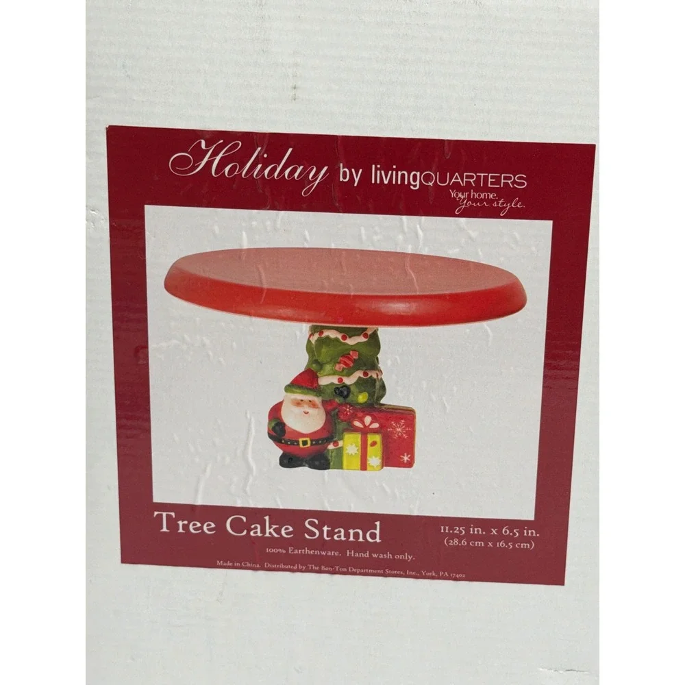 LivingQuarters Holiday Christmas‎ Tree Santa Cake Stand Red Earthenware 11.25in